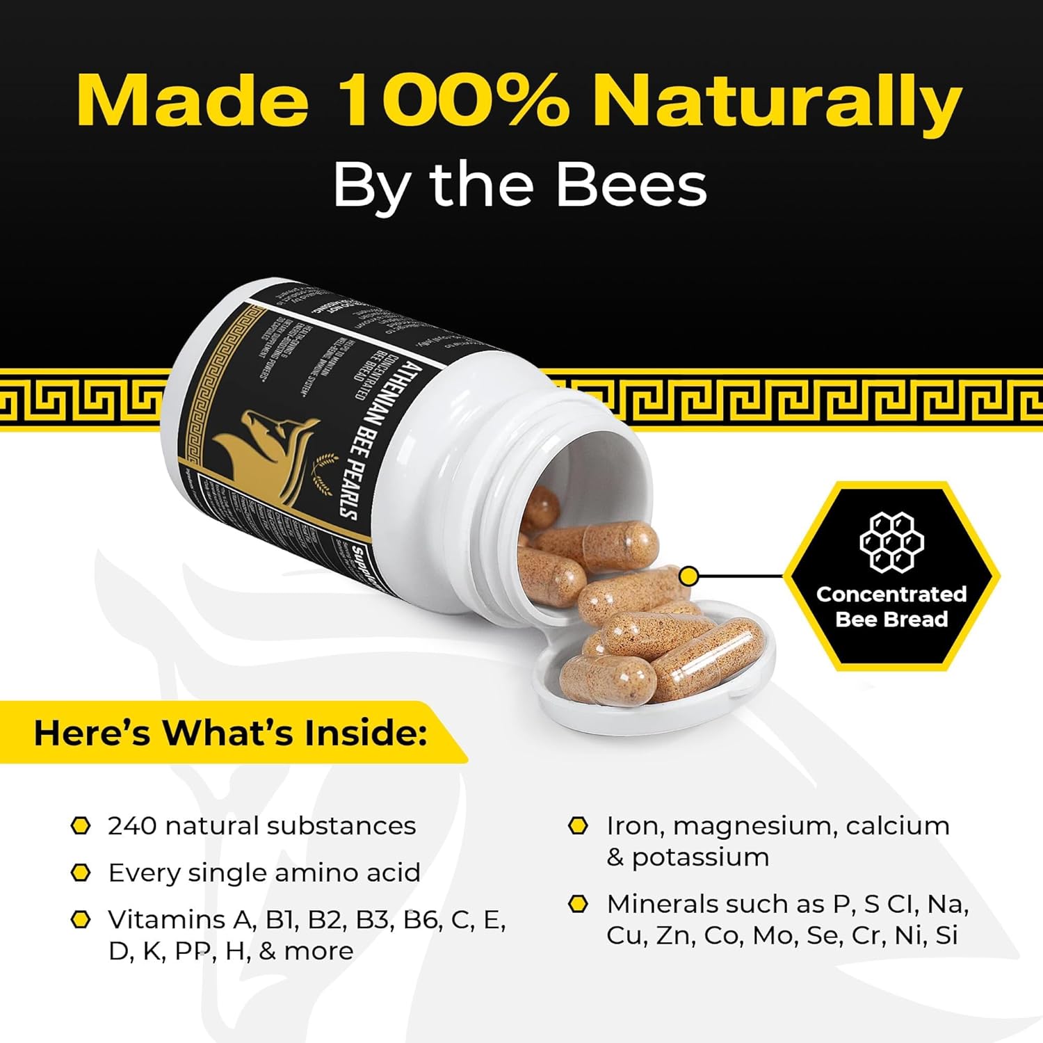 Bee Pollen Supplement Athenian Bee Pearls | Natural Immunity & Vitality Support Bee Pollen Capsule | Spartan Bee Bread Extract & Vitamin C | Non GMO, Nothing Synthetic, All Natural Organic Bee Pollen