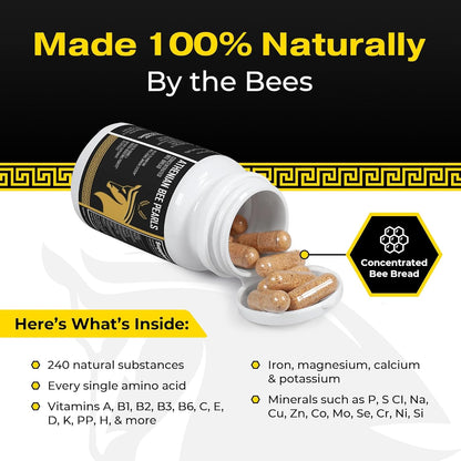 Bee Pollen Supplement Athenian Bee Pearls | Natural Immunity & Vitality Support Bee Pollen Capsule | Spartan Bee Bread Extract & Vitamin C | Non GMO, Nothing Synthetic, All Natural Organic Bee Pollen