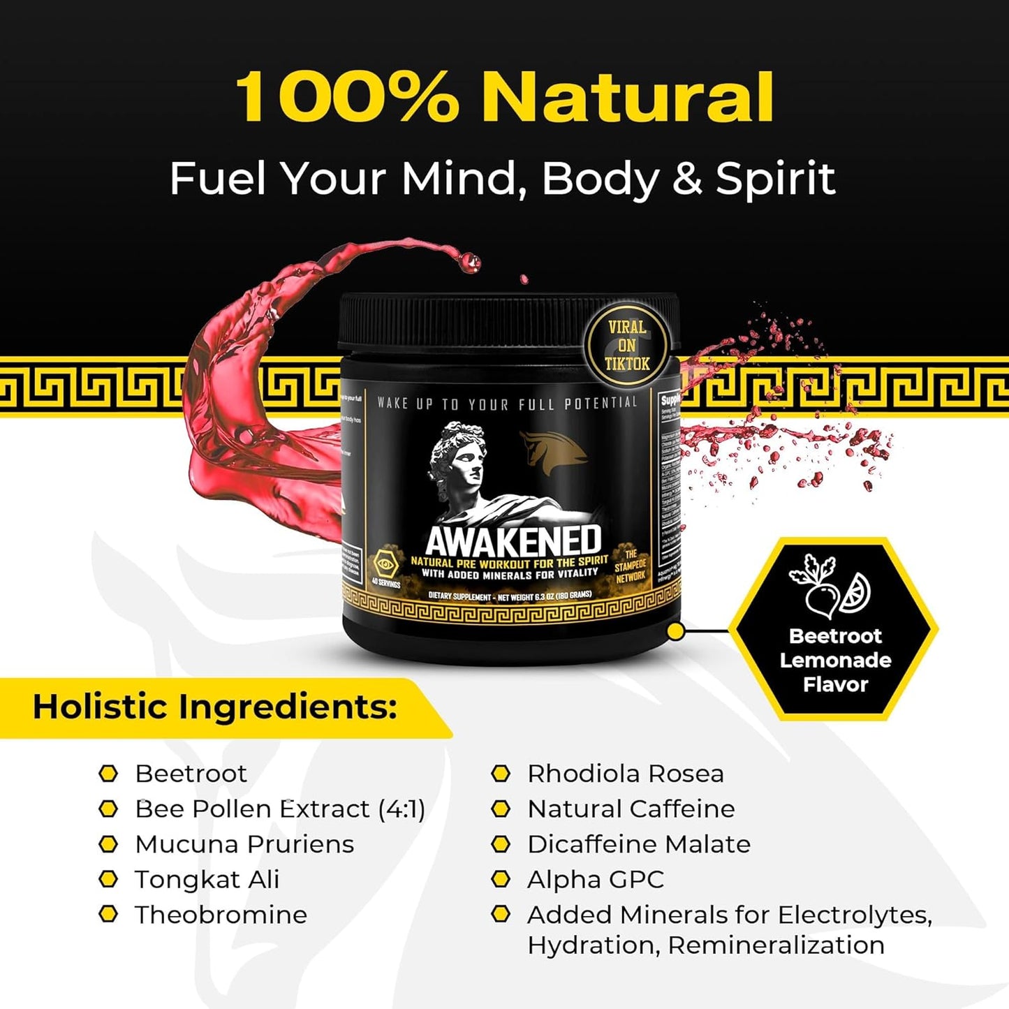 Awakened Natural Pre Workout Powder 12-in-1 | Conscious Energizer | Bee Pollen + N.O. Booster | Mucuna Pruriens, Tongkat Ali, Rhodiola, Alpha GPC & Trace Minerals | Spartan Bee Bread Brand, 40SV